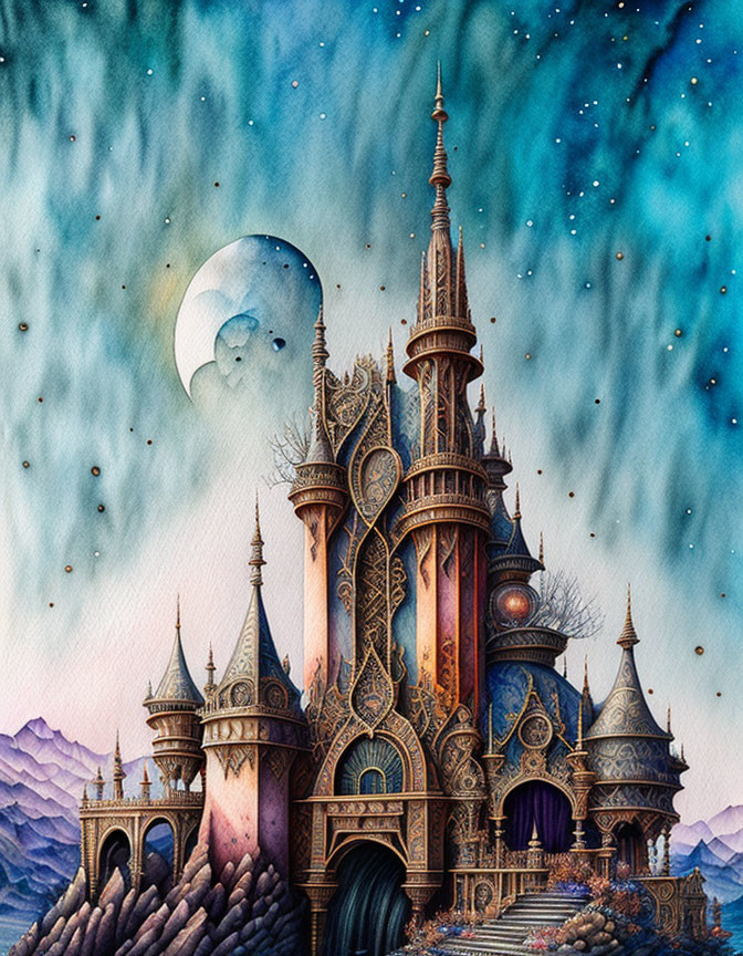 Fantasy castle with towers and ornate details under a starry sky