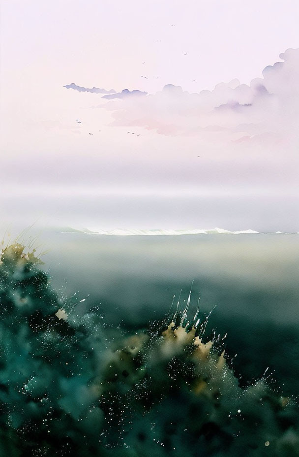 Tranquil watercolor landscape with pastel sky and misty horizon