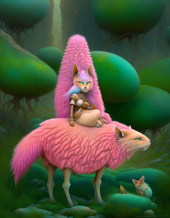 Anthropomorphic cat warrior on giant pink fox in mystical forest with glowing green dots.