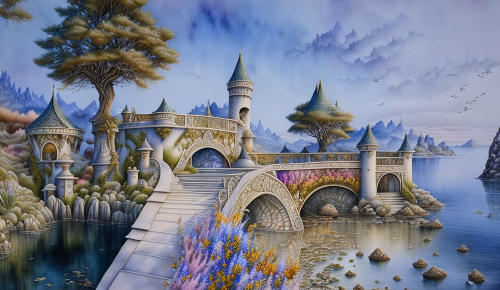 Fantasy landscape with ornate stone bridge, towers, tranquil waters, lush flora, and misty