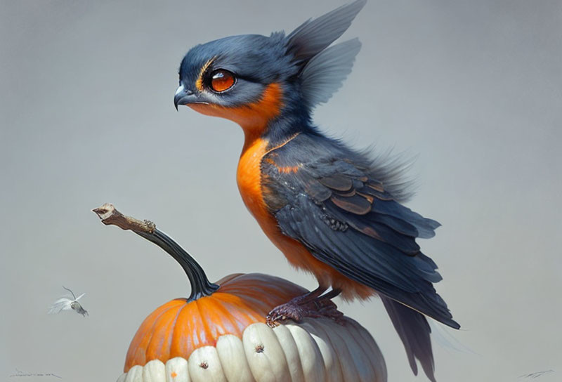 Vibrant fantastical bird on pumpkin with white birds flying nearby