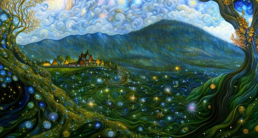 Whimsical landscape with starry sky, swirling patterns, lively tree, glowing houses, vibrant hills