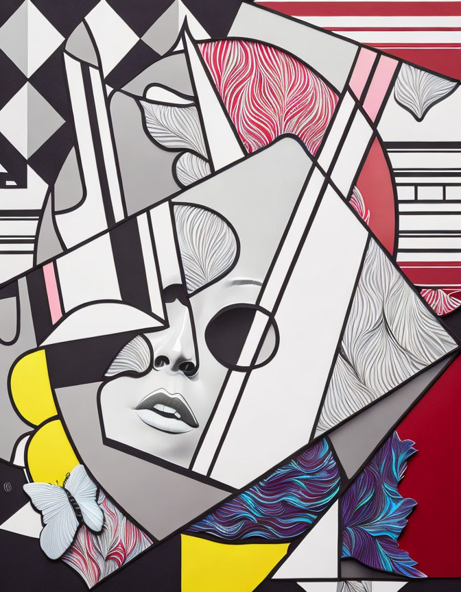 Abstract Cubist-Inspired Artwork: Colorful Portrait of Woman with Geometric Shapes