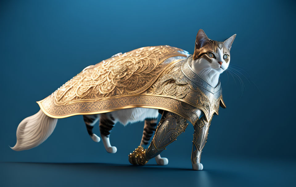 Golden-armored cat against blue backdrop with intricate designs