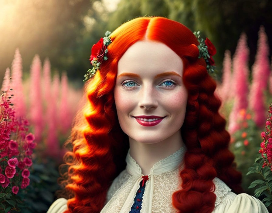 Woman with Red Hair and Blue Eyes Smiling in Garden with Floral Headpiece and White Lace Dress