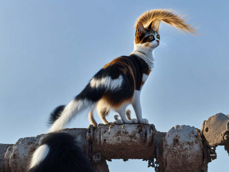 Calico Cat with Bushy Tail on Rustic Surface against Blue Sky