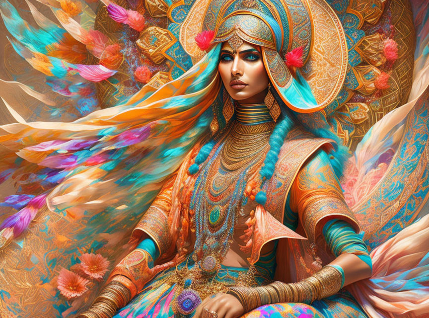 Intricately dressed female figure in golden armor with colorful feathers swirl.