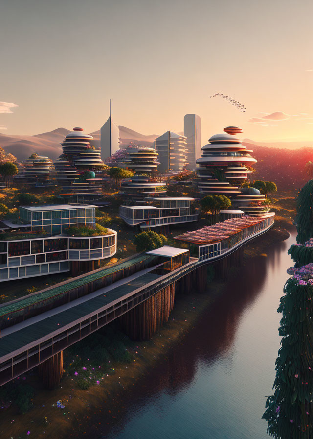 Sunset futuristic cityscape with eco-friendly buildings and lush greenery reflected in river