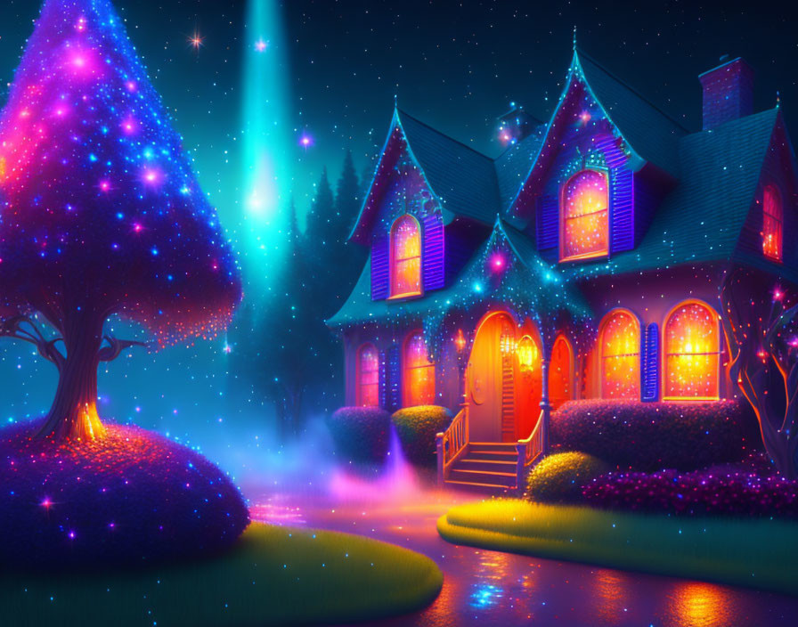 Enchanting house illustration with glowing windows and starlit night sky