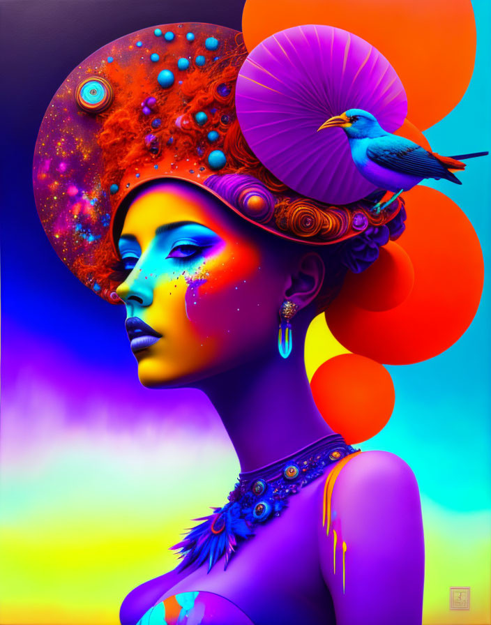 Vibrant skin tones and space-themed headwear in digital art portrait