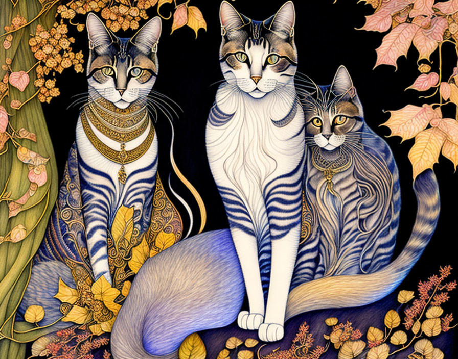 Stylized cats with intricate markings and jewelry in autumn setting