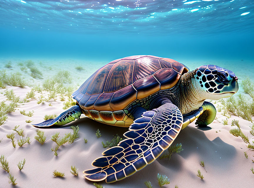 Colorful Sea Turtle Swimming Among Plants in Clear Blue Water