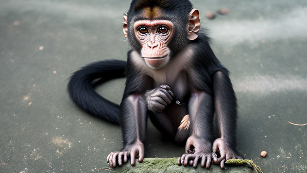 Young baboon sitting on rock with thoughtful expression against blurred background