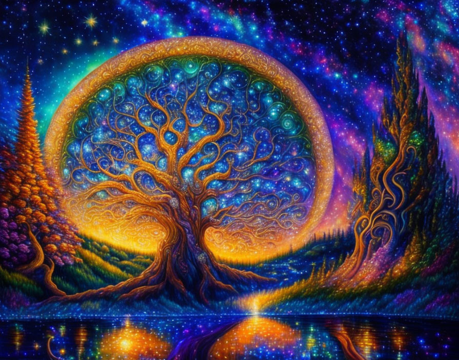 Colorful Artwork: Mystical Tree Under Starry Night Sky