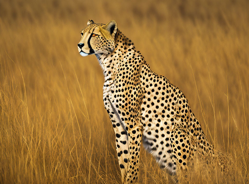 Spotted cheetah in tall golden grass on savannah landscape