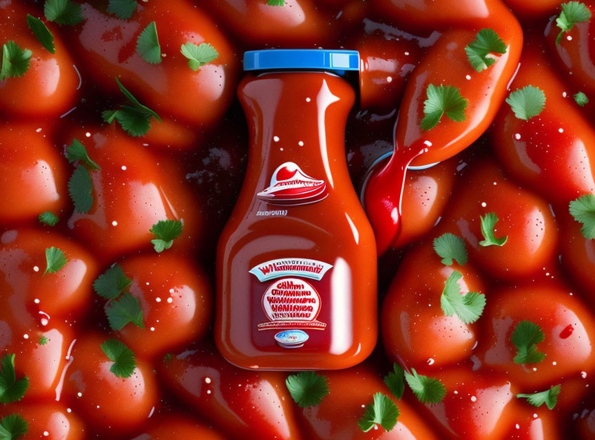 Ketchup bottle with spilled ketchup and cilantro leaves