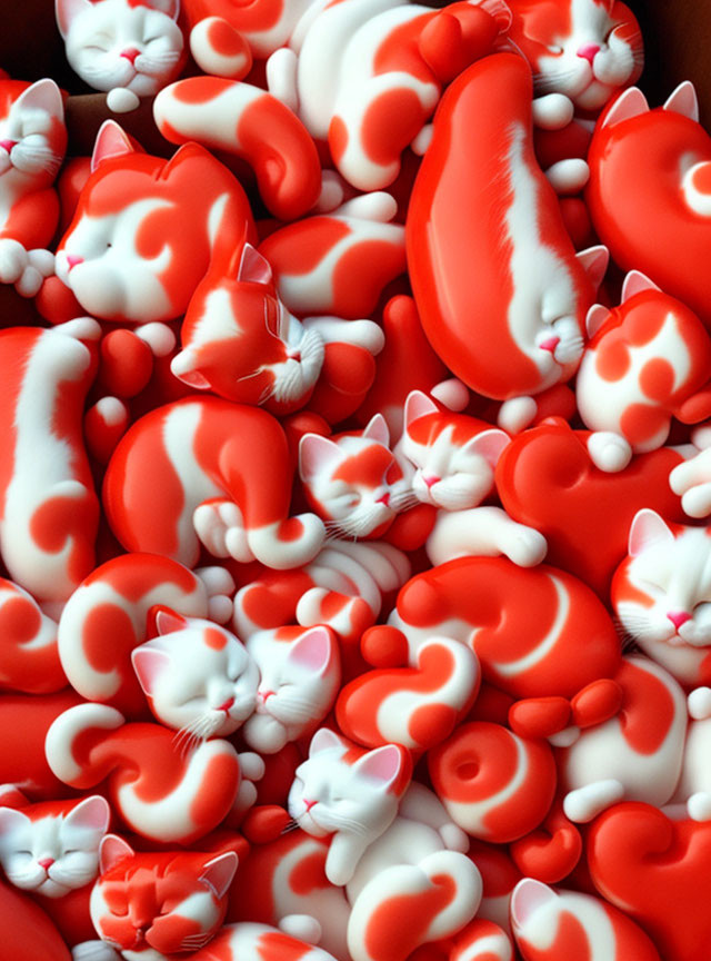 Red and White Cat Figurines in Curled Positions Pattern