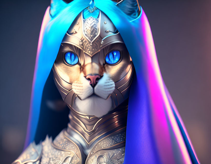 Vibrant blue-eyed cat in silver and blue armor against soft background