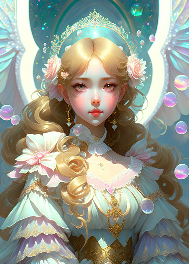 Fantasy character with golden hair, ethereal wings, jewelry, and iridescent bubbles