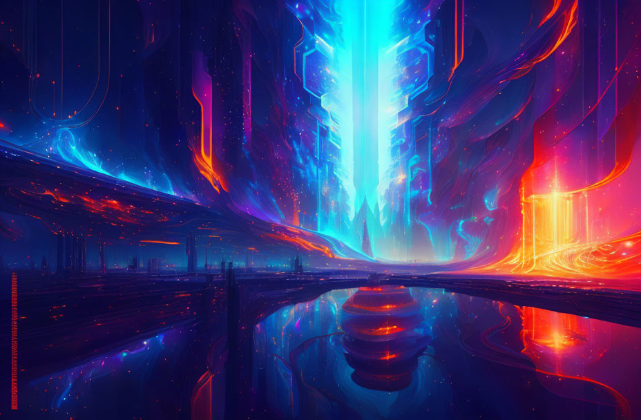 Futuristic cityscape with neon lights and towering structures