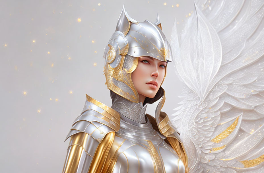 Detailed Silver and Gold Armor with Angel Wings on Glowing Background