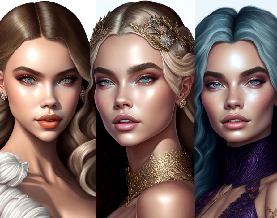 Stylized female character portraits with varied hairstyles, outfits, golden accessories, and intense blue eyes.