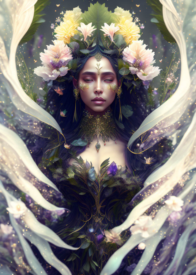 Ethereal portrait of a woman with vibrant flower crown and botanical swirl