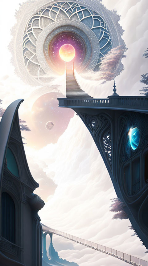 Fantastical landscape with ornate towers, bridge, celestial bodies, and glowing circular structure