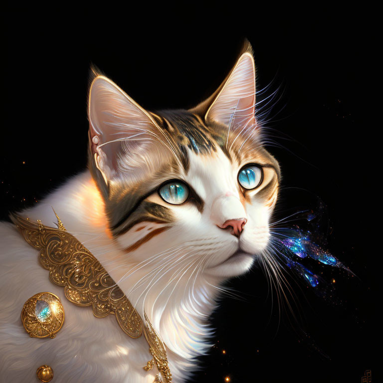 White Cat with Blue Eyes in Gold Attire on Cosmic Background