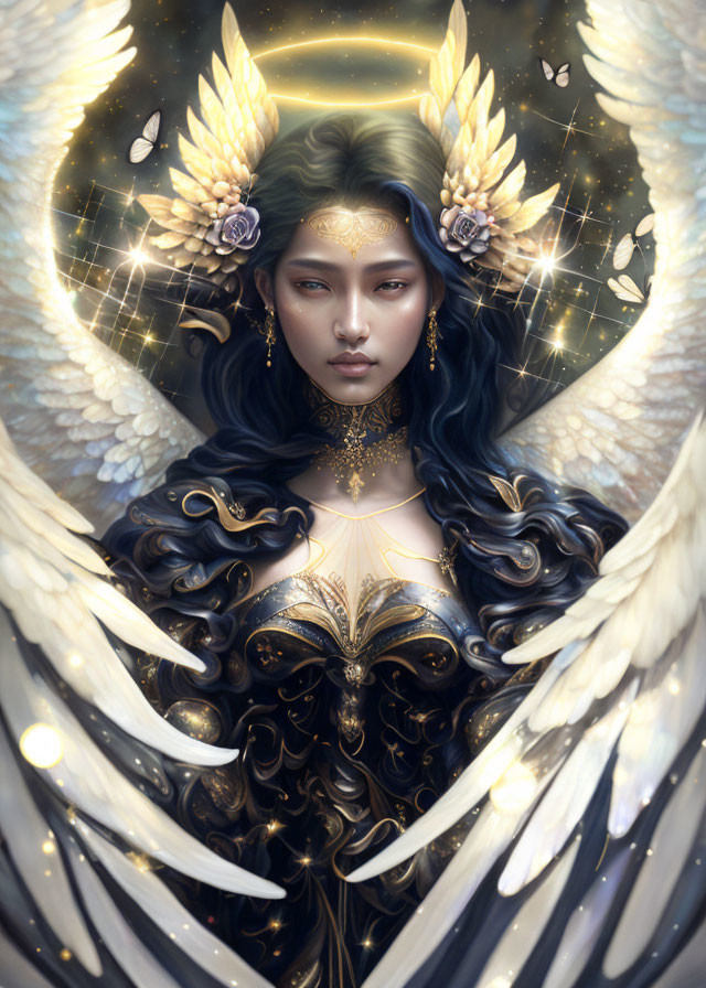 Golden winged headdress woman with luminous wings and ornate book.