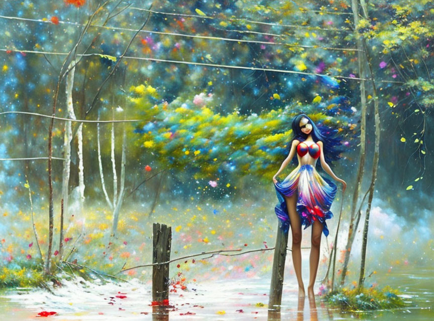 Vibrant digital artwork of fantastical female figure in surreal forest