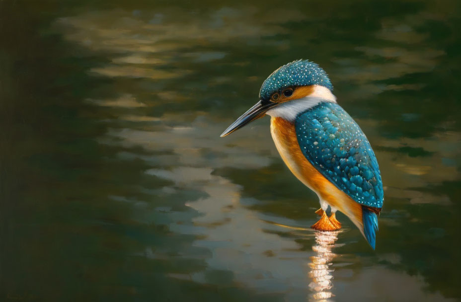 Vibrant blue and orange kingfisher bird perched near water