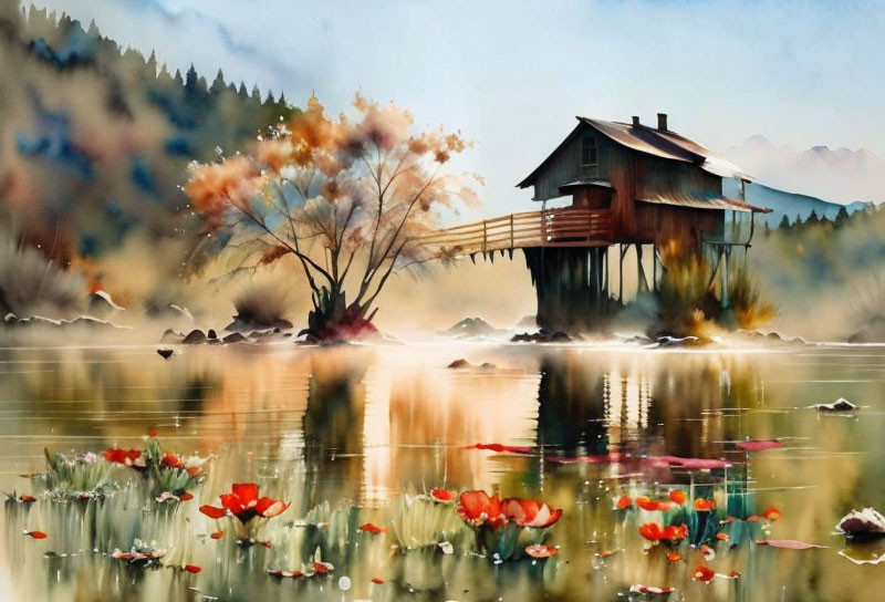 Serene lakeside watercolor painting with autumn trees and mist