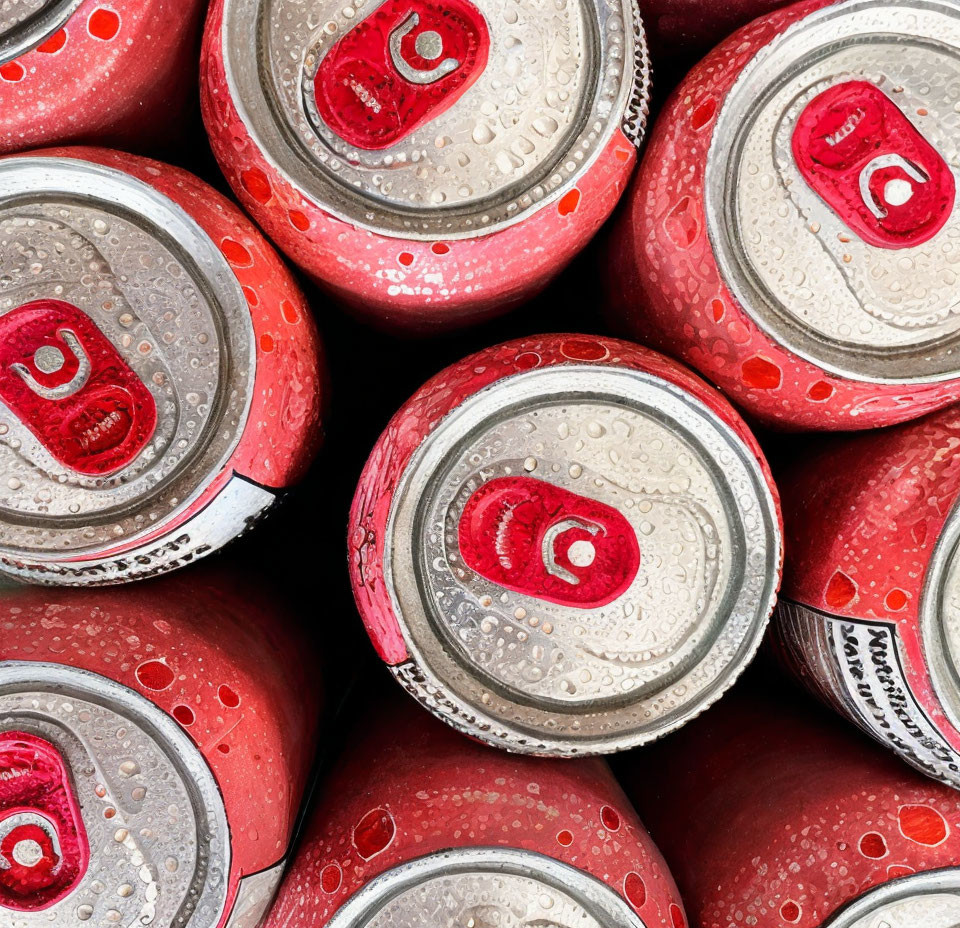 Red Aluminum Cans with Condensation Droplets and Pull Tabs in Top View