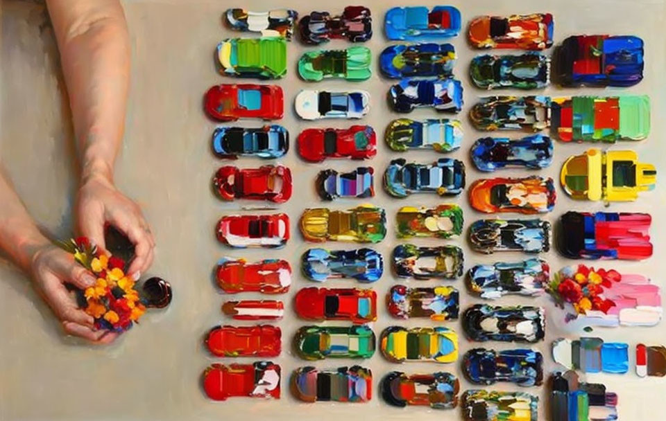 Hand picking flowers next to rows of colorful cars on pale background