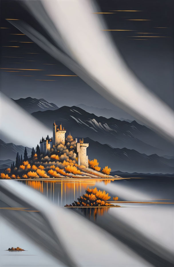 Castle painting with autumn trees and dynamic sky streaks.