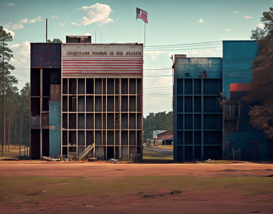 Abandoned industrial buildings with faded American flag under clear sky