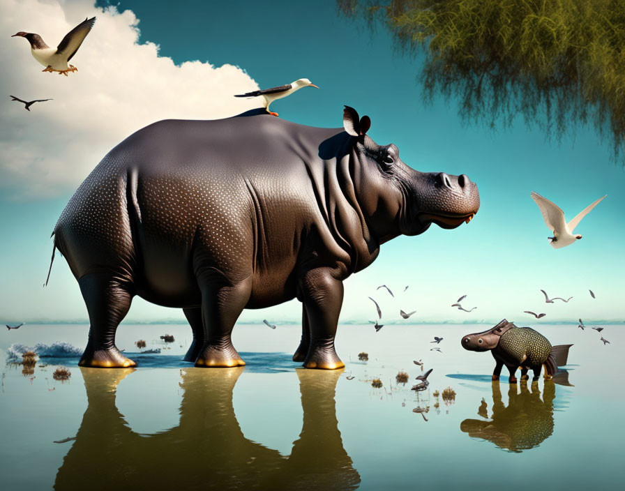 Oversized hippopotamus and small replica in water with flying birds