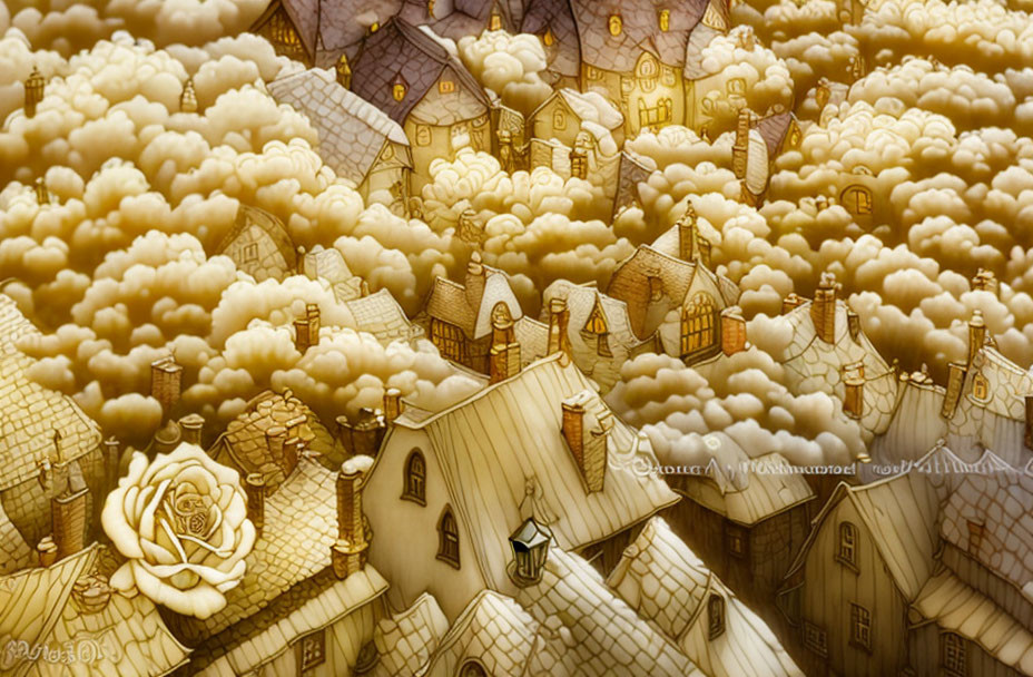 Sepia-Toned Illustration of Whimsical Village with Rose