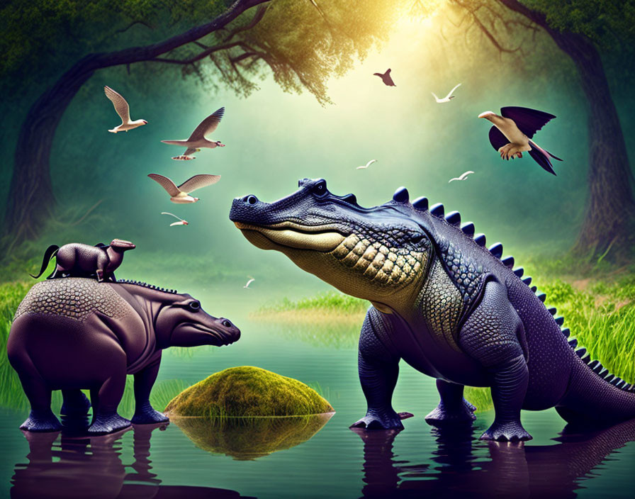 Alligator, Hippopotamus, and Lizard in Green Jungle Scene