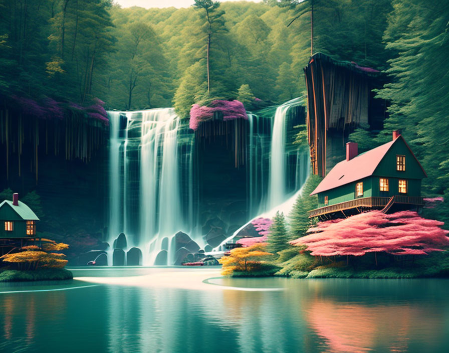 Tranquil lake, pink trees, waterfall, and lush greenery