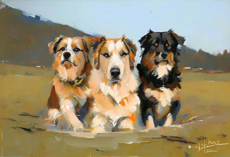 Three dogs in a field with hazy mountain background - Impressionist painting style