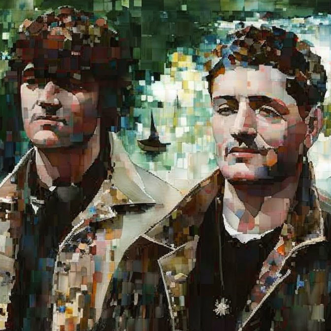 Pixelated Image of Two Men in Military Attire with Abstract Patterns