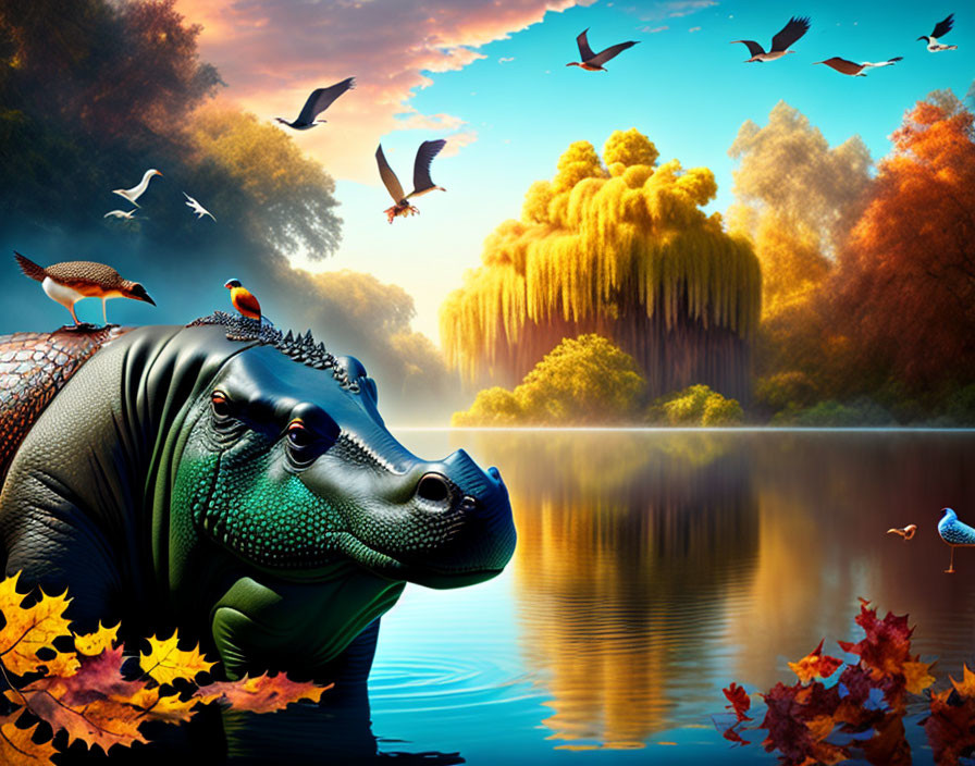 Colorful hippopotamus illustration in river with birds, autumn trees, flying birds, and sunset sky