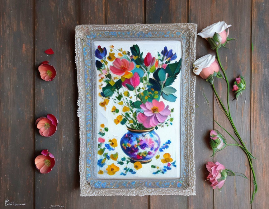 Colorful floral painting in vintage frame on rustic wooden background