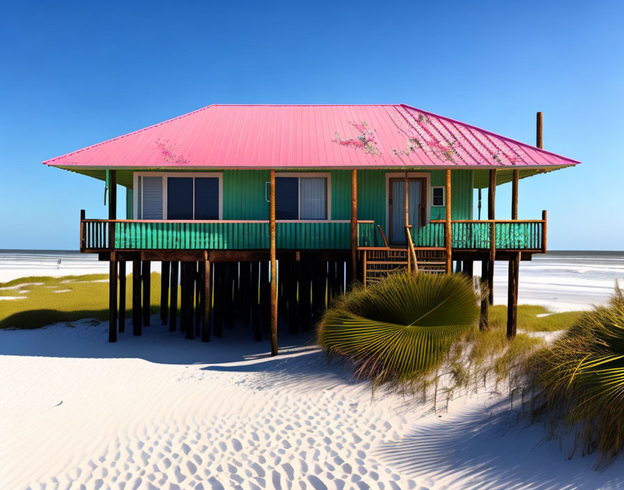 Colorful stilt house with pink roof and green walls on sandy beach with dunes and greenery