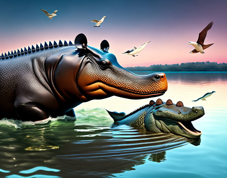 Colorful dusk scene: hippopotamus, crocodile, birds in water