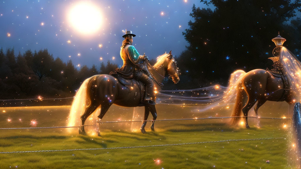 Person in hat rides glowing horse beside solid one in twilight scene