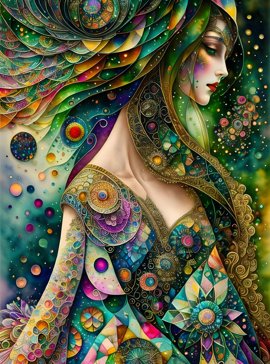 Detailed Woman Illustration with Colorful Garments & Nature Themes