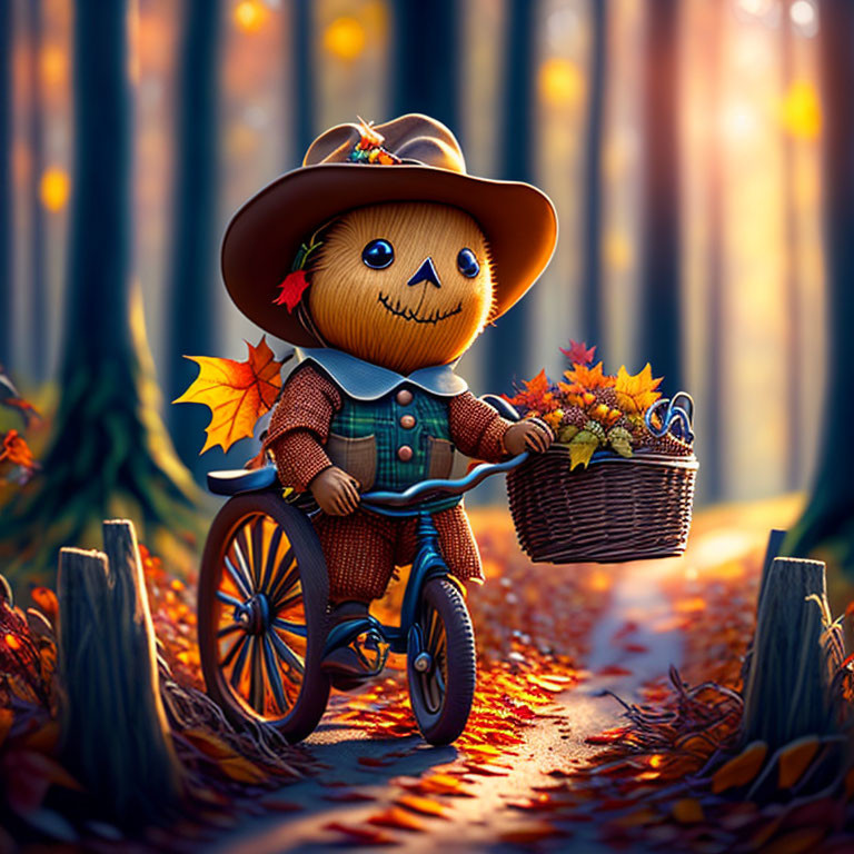 Autumn forest scene with cute pumpkin-headed character on tricycle carrying fall harvest basket